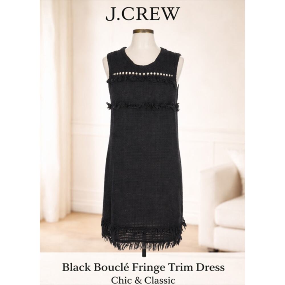 J.Crew Black Bouclé Fringe Trim Dress Size L Classic Chic Shift